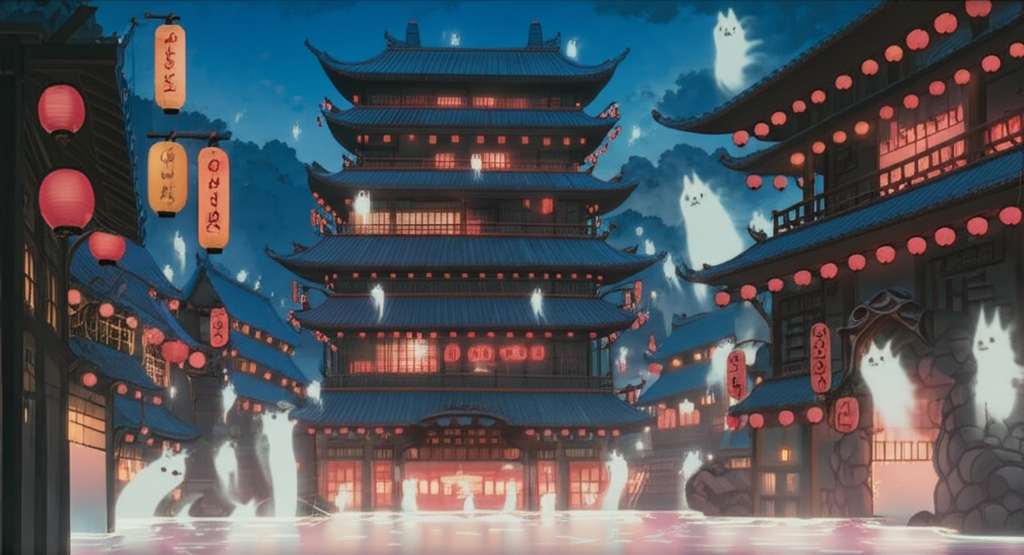 「千と千尋の神隠し」からインスピレーションを受けた、提灯と精霊のある夜の神秘的な温泉宿