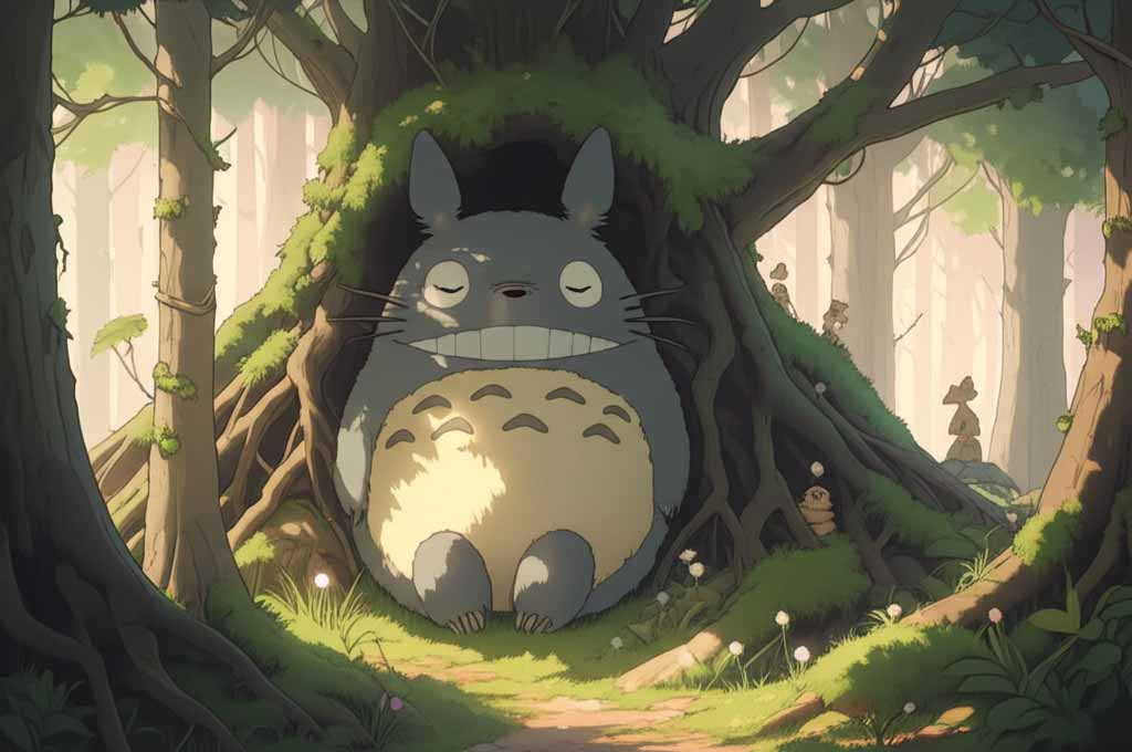 「もののけ姫」からインスピレーションを受けた、コダマの精霊と古代の木々がある神秘的な森