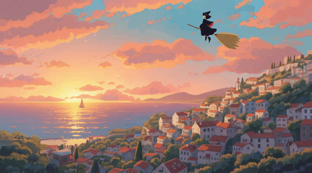 夕暮れ時にヨーロッパの沿岸都市の上を飛ぶ若い魔女
